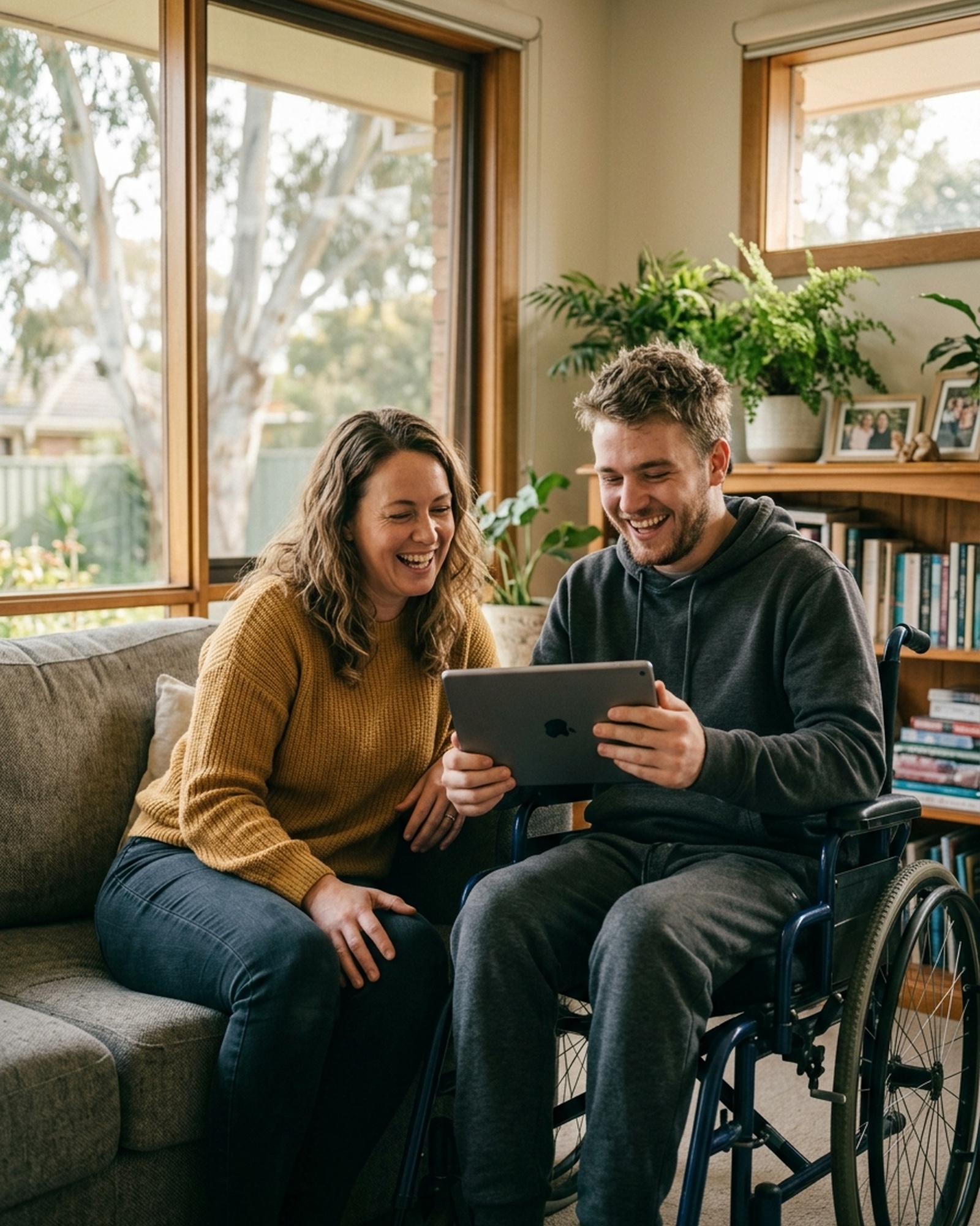 A Full Care support worker and participant sharing a warm moment at home