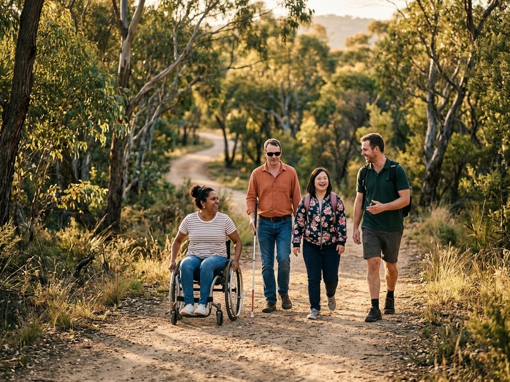 A small group of participants and a support worker walking together in a sunny park