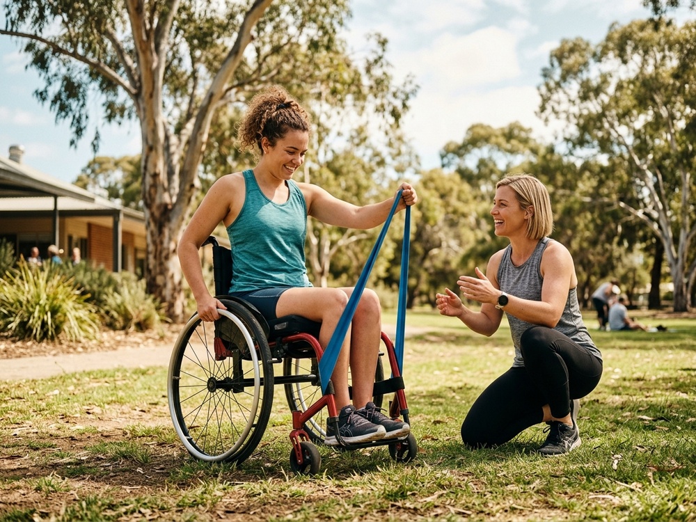 A participant doing seated resistance exercises outdoors with a support worker coaching