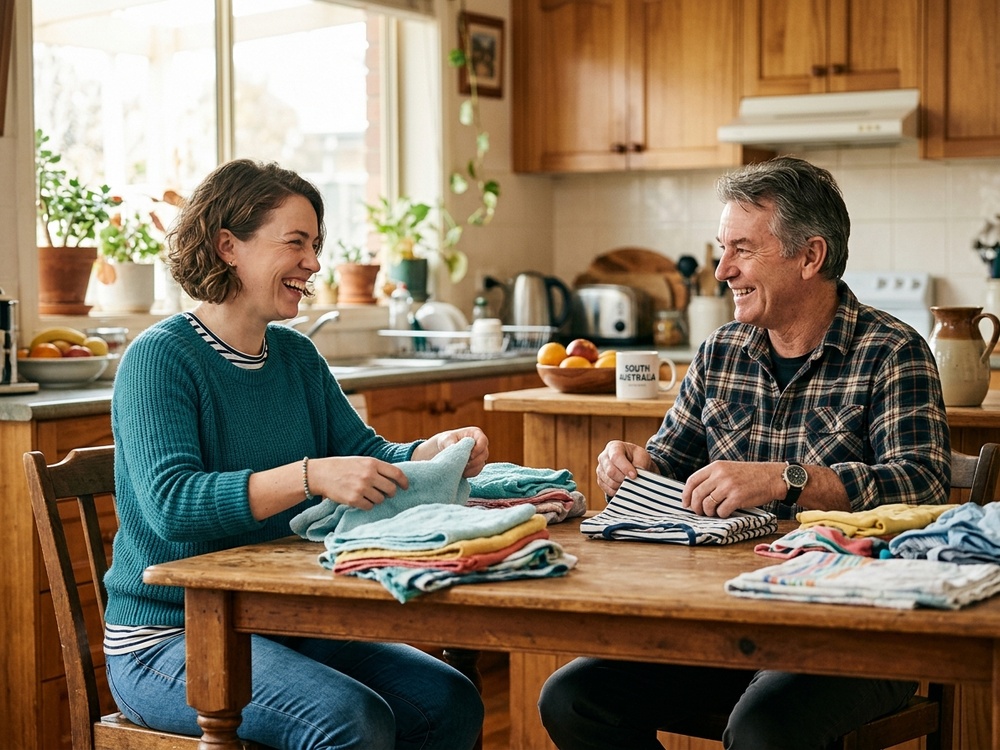 A support worker and participant folding laundry together at home