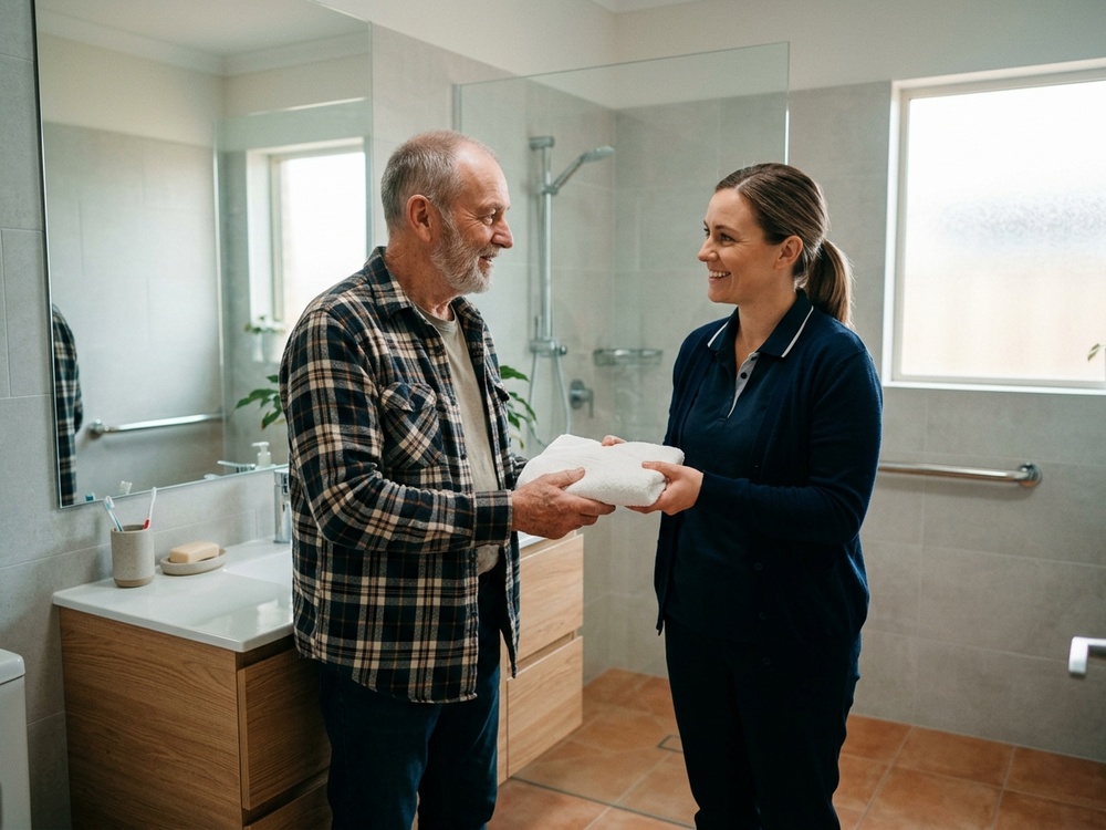 A support worker assisting a participant with daily personal care, dignified and relaxed