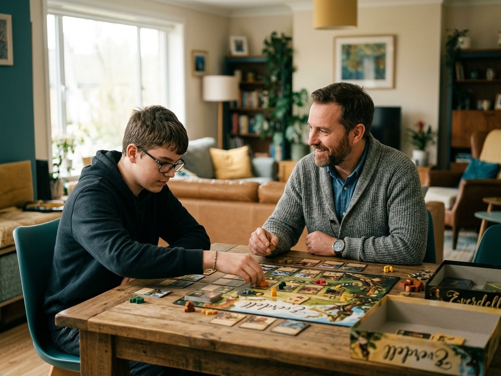 A support worker and a teenage participant playing a board game together