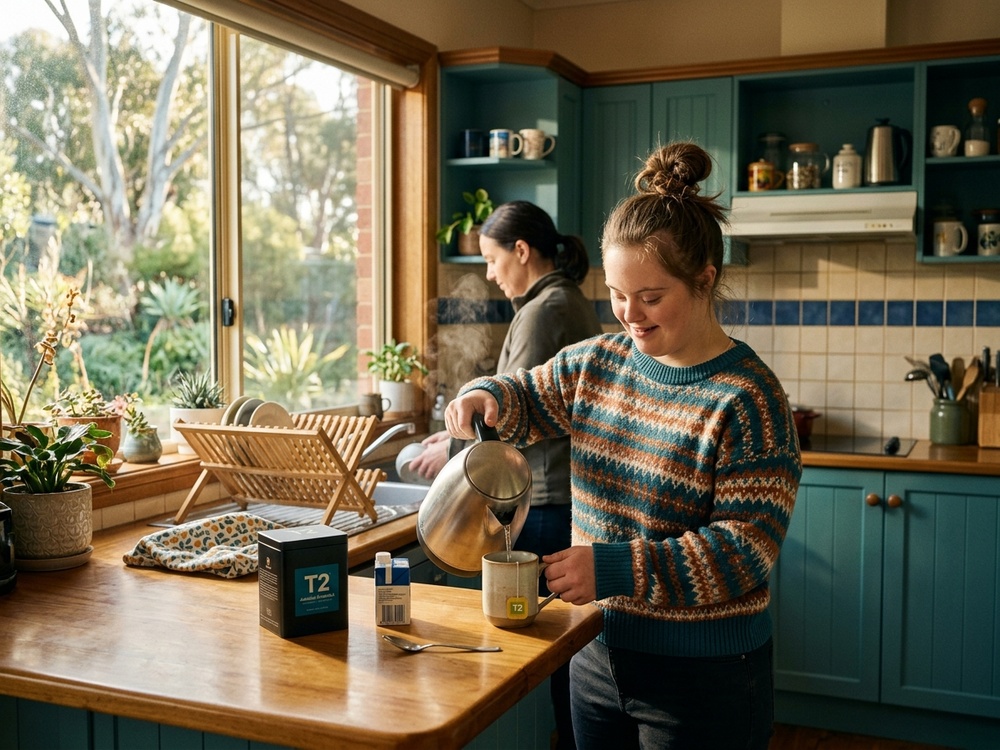 A participant confidently making tea in her own kitchen with quiet support nearby