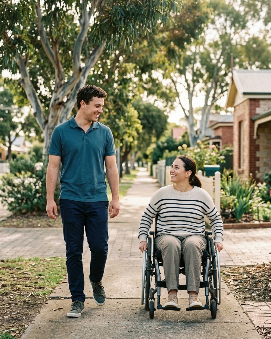 A Full Care support worker walking alongside a participant outdoors