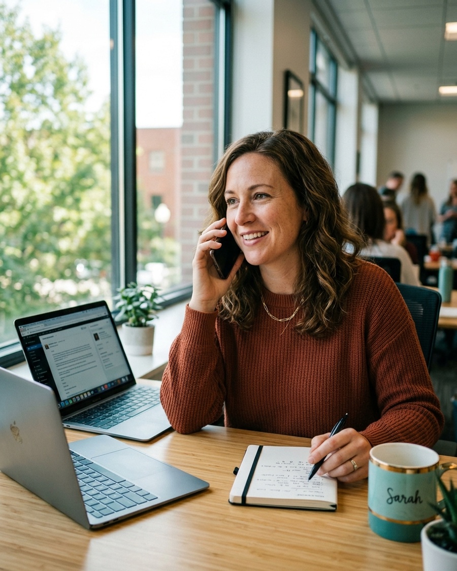 A support coordinator working at her desk