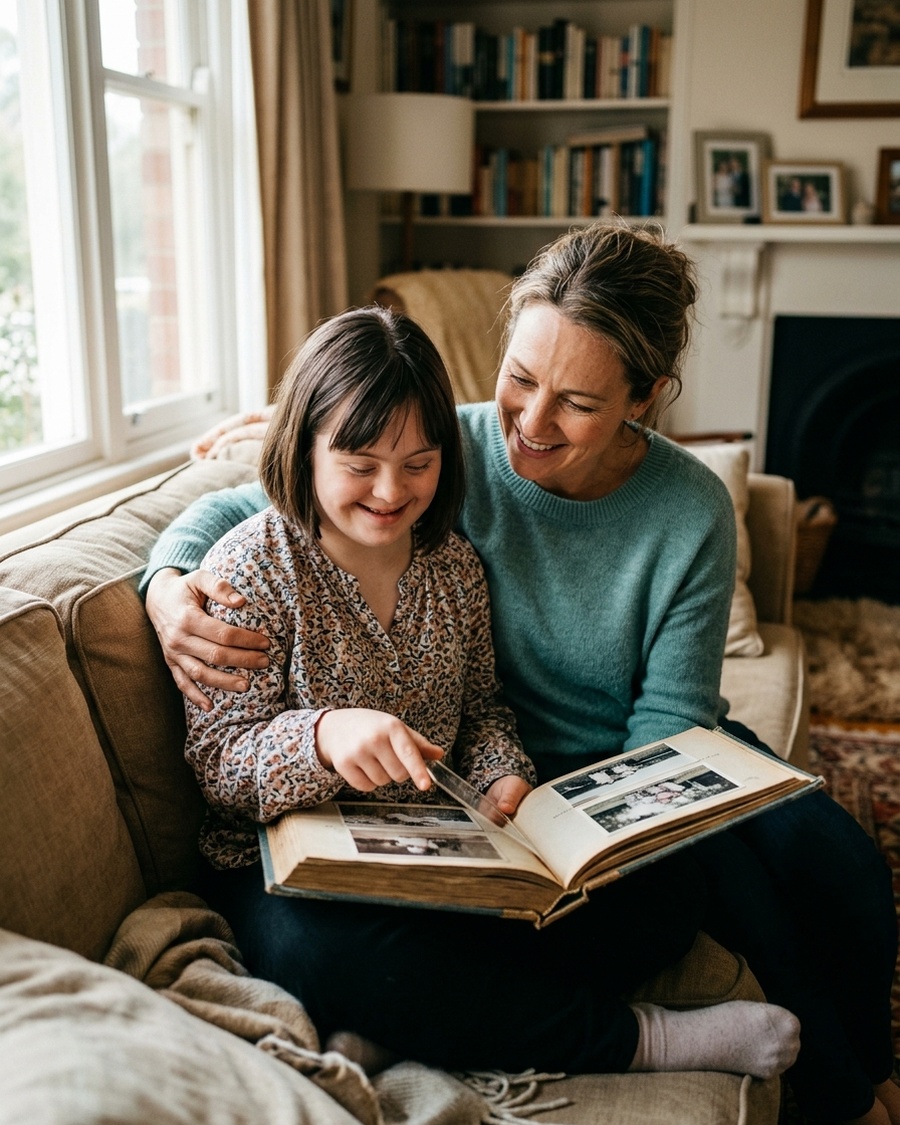 A mother and daughter looking through a photo album together at home
